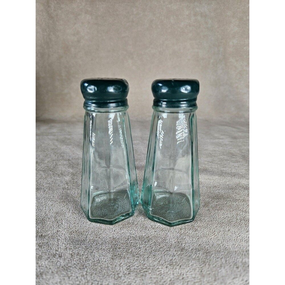 Vintage 5" Green Glass Gemco Salt Pepper Shakers Green Steel Tops Octagon Taper